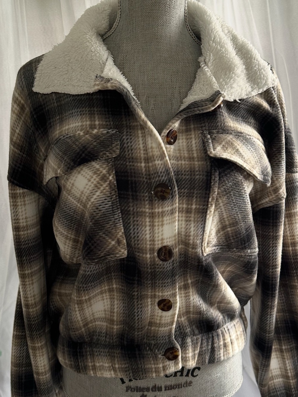 Teddy-Lined Plaid Button Jacket - Taupe/Black